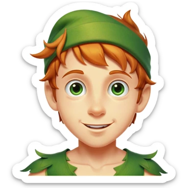 Cinematic Realistic Peter Pan Portrait, head tilted dramatically with an exaggeratedly amused expression, featuring sparkling eyes filled with playful mischief. His iconic outfit is rendered in vivid detail with dynamic shadows, capturing the delightful interplay of bravery and whimsy that defines his timeless character. sticker