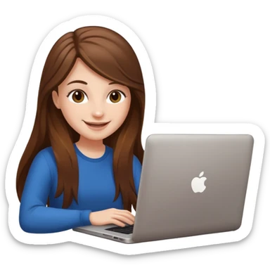 white girl with long brown hair using a laptop, smiling sticker