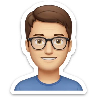 a young man around 30 years old, with brown hair, longer rectangular face, light yellow skin color, small eyes with rectangle shape glasses, without beard, no forehead wrinkles sticker