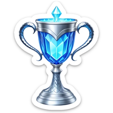 movie-accurate Triwizard Cup trophy from Harry Potter, identical to film prop, wide silver goblet with angular geometric facets, two large curved silver snake handles on opposite sides, bright ethereal blue glow sticker