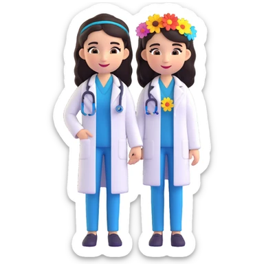 cute Mexican doctor girl, long dark hair, wearing doctor's coat, flower in hair, cheerful approachable, 3D cartoon style sticker