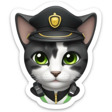 full black and grey calico cat with green eyes dressed as a pilot sticker