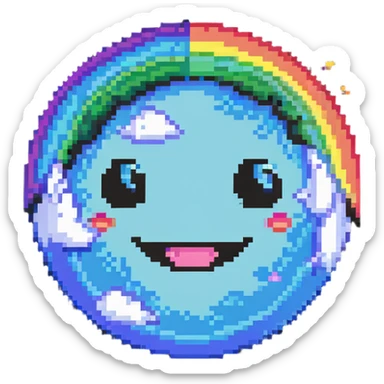 rainbow planet with colorful pixelated clouds and a happy winking face sticker
