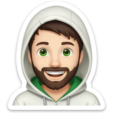 laughing guy with white hoodie, green eyes, dark brown hair and a short full beard sticker