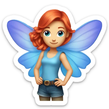 bloom winx fairy with red hair and blue eyes and in blue shirt with wings  sticker