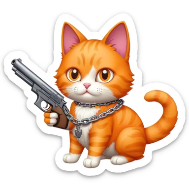 Cat with a chain and a gun sticker
