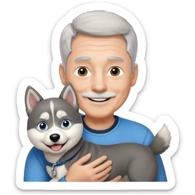 A smiling 60 year old man with blue eyes and short light gray hair and no facial hair, holding a single black and white husky dog with floppy ears and white tuft eyebrows  sticker