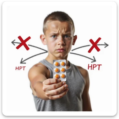 young athlete holding blister pack of oral steroids, stylized HPT axis diagram with red X behind, worried expression, isolated on white background sticker