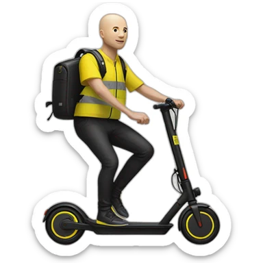 bald man, with a yellow cycling helmet, on a xiaomi e-scooter painted in black, whearing a yellow safety vest sticker