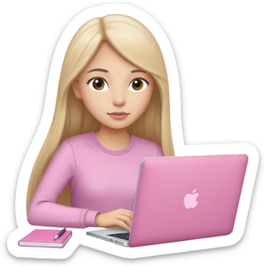 Chica lacia peli larga en una MacBook rosa investigando y haciendo tareas con un libro de apuntes y con cara muy linda como modelo sticker