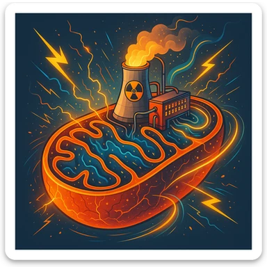 creative illustration of mitochondria-nuclear power plant, energetic details like sparks and light flows, modern detailed style inspired by DALL·E 3, bright colors, clear background sticker