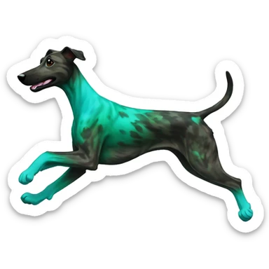 Brindle dog black face lurcher running cyan green blue lighting sticker