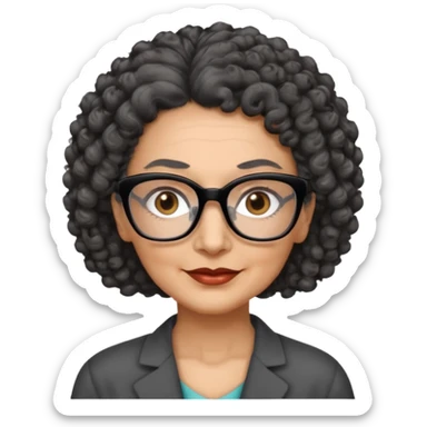 femme 60 ans cheveux gris foncé très bouclé attaché et yeux marrons foncé,  lunettes rectangle noir sticker