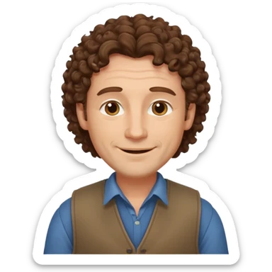 middle aged man, curly brown hair, wearing a vest, gentle smile sticker