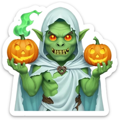 male orc ghost emoji, green skin, tusks, wearing torn white ghost sheet costume, holding glowing jack-o'-lantern, faint blue aura, friendly but spooky expression, Halloween fantasy theme, Apple emoji style, clean white background, square sticker
