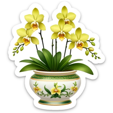Yellow and green orchids in an elegant porcelain pot  sticker
