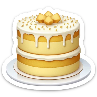 Cinematic Realistic Simple Vanilla Cake, a perfectly baked golden sponge with soft, airy layers, delicate vanilla frosting smoothly spread across the top, tiny flecks of vanilla bean visible, warm golden lighting creating depth, glowing with a sweet, irresistible charm. sticker