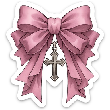 pink gothic bow with layered ribbons and cross pendant sticker