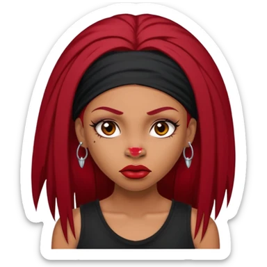 light-skinned black girl with very long eyelashes with long strait dark red hair with edges wearing a black top with no sleeves. and a red accessory on her head with nose and mouth piercings and is a baddie and looks like a bad girl. sticker