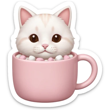 cute white cat relaxing in a pastel pink mug of cocoa with marshmallows, soft lighting, rounded shapes sticker
