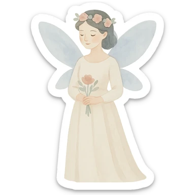 watercolor art illustration of a gentle fairy bride with delicate wings, calm pastel colors, white background, designed for sticker printing sticker