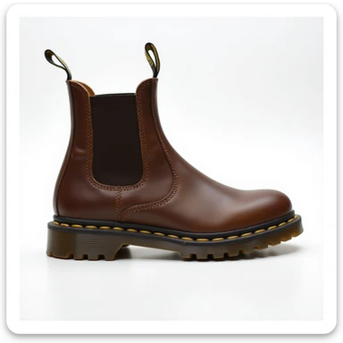 a single Blundstone boot, realistic style, side view, brown leather, elastic side panel, rugged sole sticker