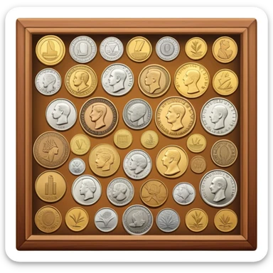 Icon for Coin Collecting: a collection of different vintage and modern coins of various forms and size, neatly arranged in a display case or on a table. The icon should highlight the diversity and historical value of coin collecting. Transparent background. sticker