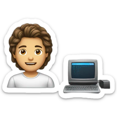 un chico de 13 años pelo castaño, corto, liso, con una computadora sticker