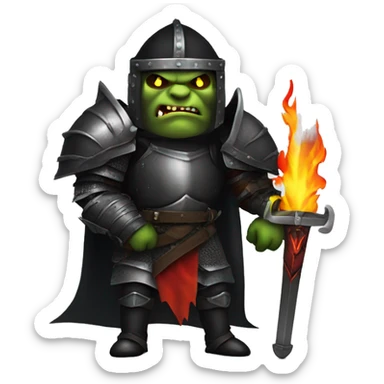 Orc black knight with night armor, sword with flames, Halloween theme, emoji sticker