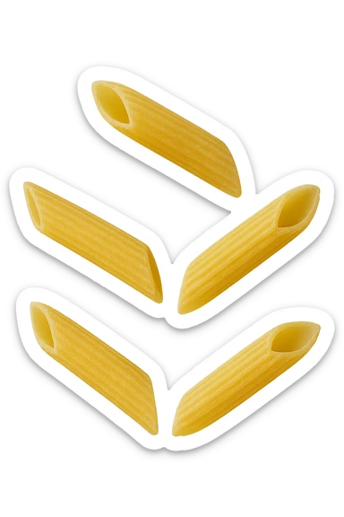 5 PENNE DI PASTA RIGATE FLUTTUANO IN ARIA,  iperrealistico 4k sticker
