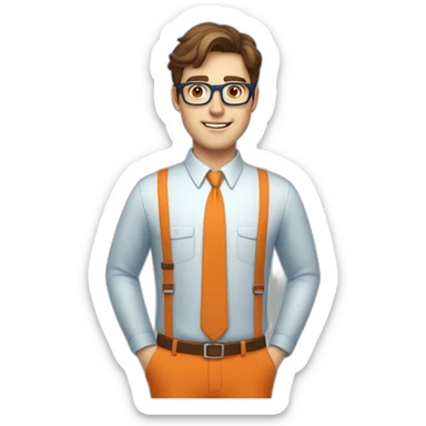 a brown-haired guy with square glasses, in an orange repairman's suit, blue eyes, sticker