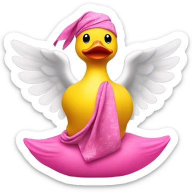 side view of yellow rubber duck with a pink bandana doing yoga, hands together sticker