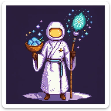 Portrait of a galactic baker in skeuomorphism style, same pose and lighting as previous levels, wearing a nebula-textured robe, holding a galaxy-shaped whisk, glowing flour particles floating around sticker