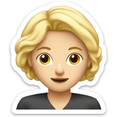 blonde female behind a computer sticker