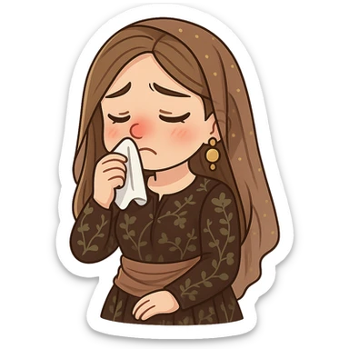 Kurdish cartoon sticker of the same woman in the new dress, sick with a cold, red nose, holding a tissue, sad face, no text, transparent background sticker