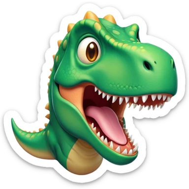 Cinematic Comical T-rex Portrait Emoji, Head tilted dramatically with an exaggeratedly shocked expression, featuring its iconic massive head, tiny comically expressive arms, and wide, playful eyes full of humorous disbelief, Simplified yet hilariously expressive features, highly detailed, glowing with a slightly sassy prehistoric glow, high shine, dramatic yet playful, stylized with an air of cheeky dinosaur mischief, soft glowing outline, capturing the essence of a meme-worthy T-rex that looks ready to side-eye its way into viral fame! sticker