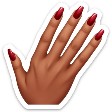 close-up of a left hand of a woman showing 3-4 fingernails out of five, painted in dark red nail polish, glossy finish, deep saturated red, smooth gradient, minimal details, clean and shiny
 sticker