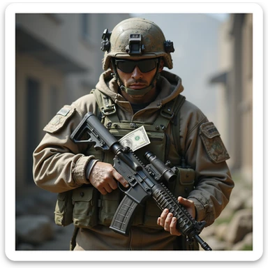 a realistic soldier with cash in hand, detailed, photorealistic style sticker