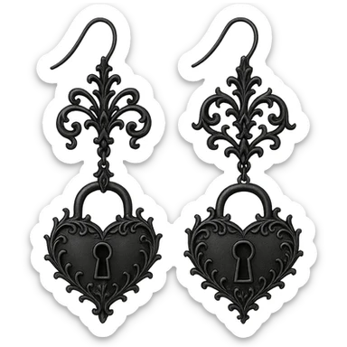 goth earrings, black heart lock, romantic gothic style, intricate sticker
