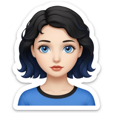 a girl with blue eyes, short black wavy hair, natural clean girl makeup sticker