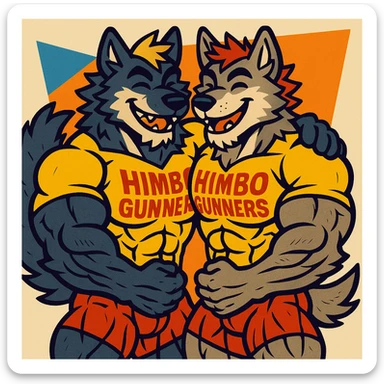 two super buff wolf furries wearing matching 'Himbo gunners' t-shirts, hugging, happy and confident, exaggerated muscle definition, detailed fur and anatomy, high quality sticker