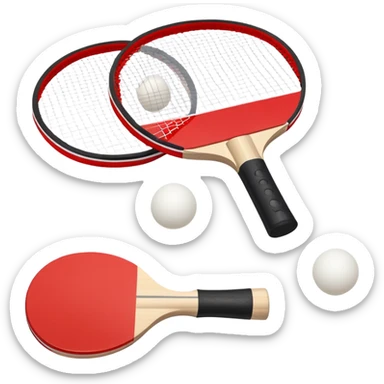 Two table tennis paddles and a ball placed on a ping pong table, with the net in the background. The scene conveys the simplicity and focus of the sport, with vibrant colors highlighting the rackets and ball on the smooth surface of the table. sticker