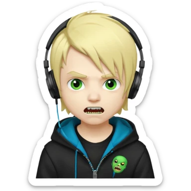 boy vampire whit blonde emo hair and eyes blue and GREEN SKIN and heandphones black AND A MICROFONE AND GOLD TEETH and agesive face and the hoodie black  sticker