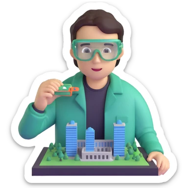 man making a model of a building wearing transparent protective safety glasses sticker