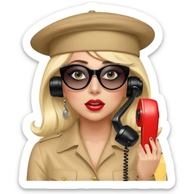 Lady Gaga in the Telephone video, wearing sunglasses and a telephone hat, dramatic pop fashion sticker