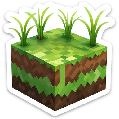Minecraft grass block, square shape, brown and green, smooth, isometric sticker