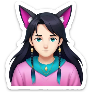 anime man with long-straight-dark-black hair, long black fox ears with pink Scapha, colorful-gradient-brown-turquoise eyes, gold earring, dark-blue-sweater, white pupils, turquoise tassel sticker
