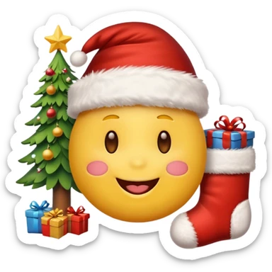 D cute yellow emoji face wearing a Santa hat, with a happy soft expression. Replace the hearts with festive Christmas elements: a Christmas tree, stocking, snowflake, and other holiday icons. sticker