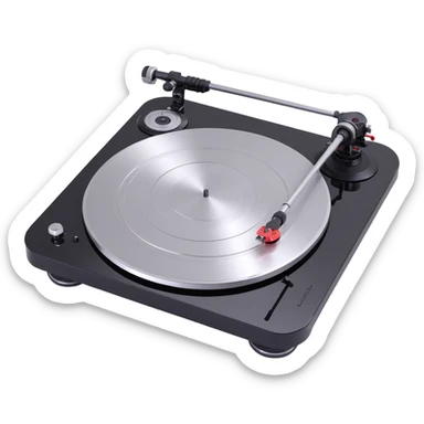 Technics turntable in 3D emoji style, rounded features, shiny silver and black, visible tonearm and platter sticker