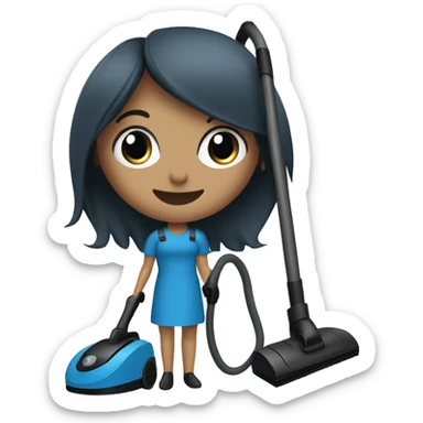 slate blue broom and vacuum cleaner, with a black lady, straight hair, small eyes, smiling sticker
